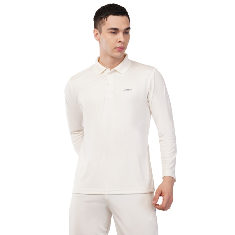 Whitedot Novelty Quick Dry Cricket Polo T-Shirt - Full Sleeves - Off White