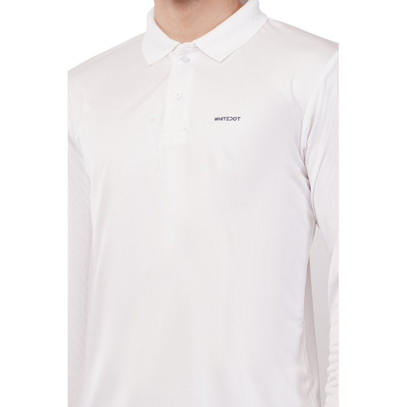 Whitedot Novelty Quick Dry Cricket Polo T-Shirt - Full Sleeves - White