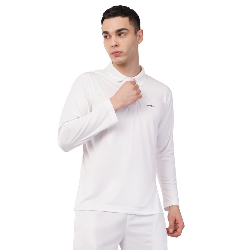 Whitedot Novelty Quick Dry Cricket Polo T-Shirt - Full Sleeves - White