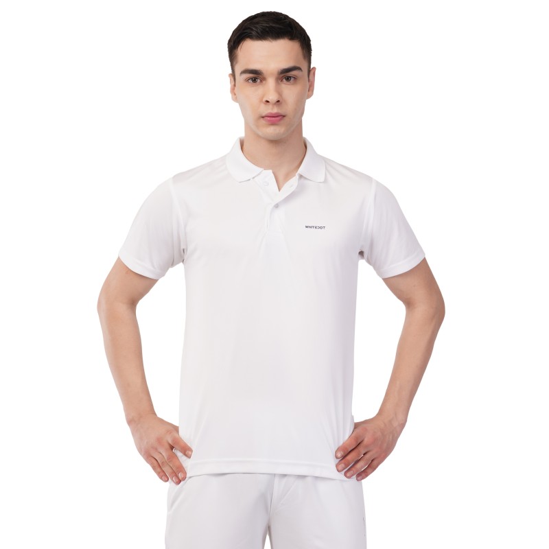 Whitedot Novelty Quick Dry Cricket Polo T-Shirt - Half Sleeves - White