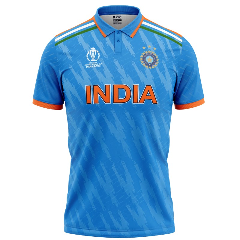 India Blue ODI World Cup 2023 Half Sleeves Cricket Fan Jersey - 100% Dryfit Polyester - With Name Personalisation India Blue ODI World Cup 2023 Half Sleeves Cricket Fan Jersey - 100% Dryfit Polyester - With Name Personalisation