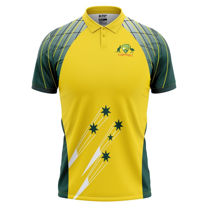 Australia Half Sleeves Cricket Fan Jersey - 100% Dryfit Polyester - With Name Personalization Australia Half Sleeves Cricket Fan Jersey - 100% Dryfit Polyester - With Name Personalization