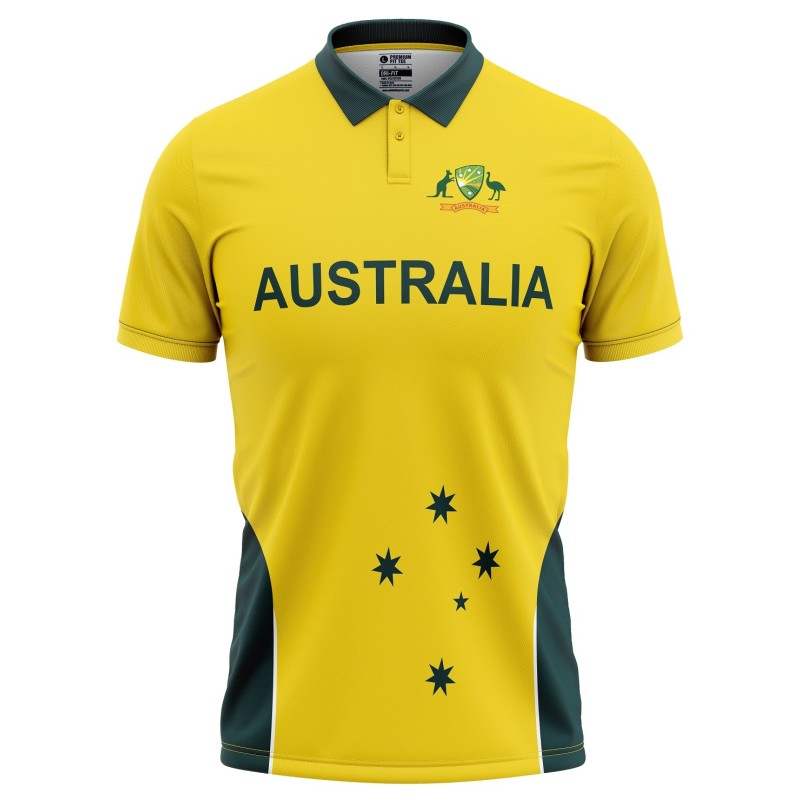 Australia Half Sleeves Cricket Fan Jersey - 100% Dryfit Polyester - With Name Personalization Australia Half Sleeves Cricket Fan Jersey - 100% Dryfit Polyester - With Name Personalization