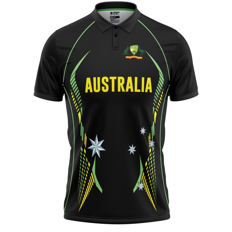 Australia Half Sleeves Cricket Fan Jersey - 100% Dryfit Polyester - With Name Personalization Australia Half Sleeves Cricket Fan Jersey - 100% Dryfit Polyester - With Name Personalization