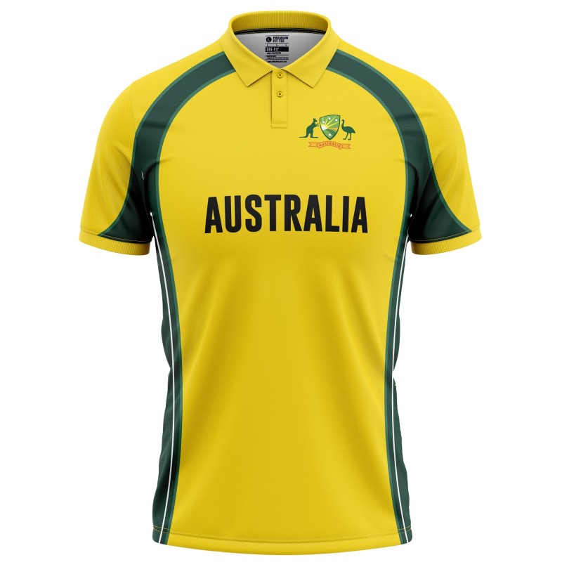 Australia Half Sleeves Cricket Fan Jersey - 100% Dryfit Polyester - With Name Personalization Australia Half Sleeves Cricket Fan Jersey - 100% Dryfit Polyester - With Name Personalization