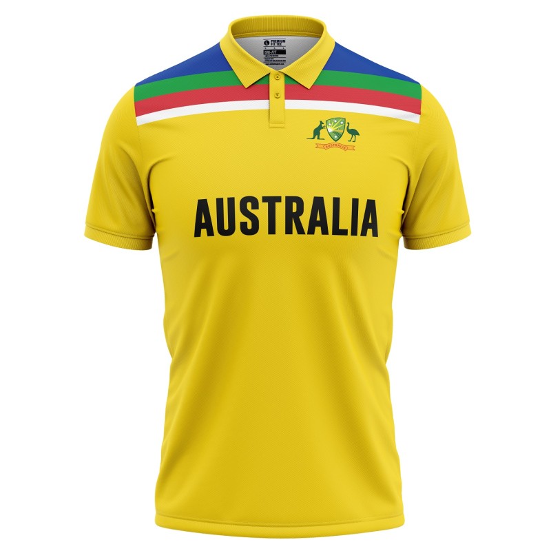 Australia Half Sleeves Cricket Fan Jersey - 100% Dryfit Polyester - With Name Personalization Australia Half Sleeves Cricket Fan Jersey - 100% Dryfit Polyester - With Name Personalization