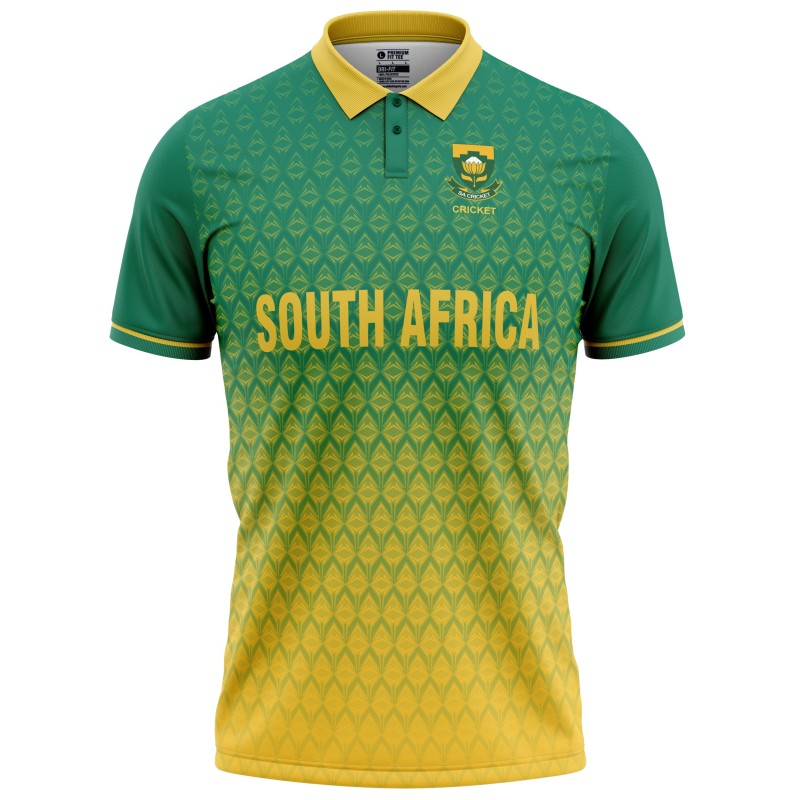 South Africa 2022 ICC World Cup Half Sleeves Cricket Fan Jersey - 100% Dryfit Polyester - With Name Personalisation South Africa 2022 ICC World Cup Half Sleeves Cricket Fan Jersey - 100% Dryfit Polyester - With Name Personalisation
